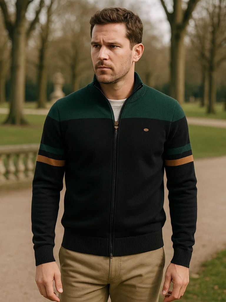 Cardigan Sweater with Zipper and Stand-Up Collar