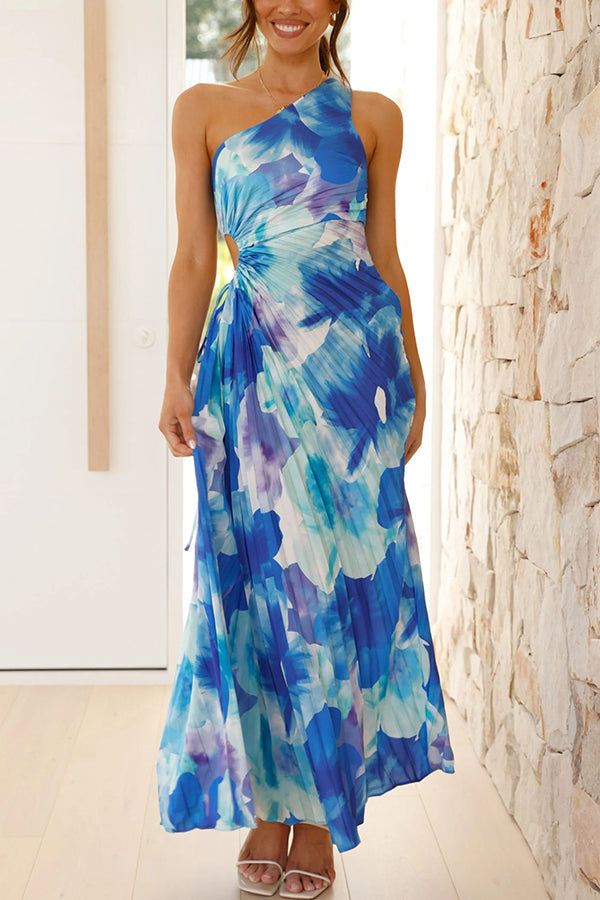 Deja - Floral Pattern on One-Shoulder, Pleated Maxi Dress