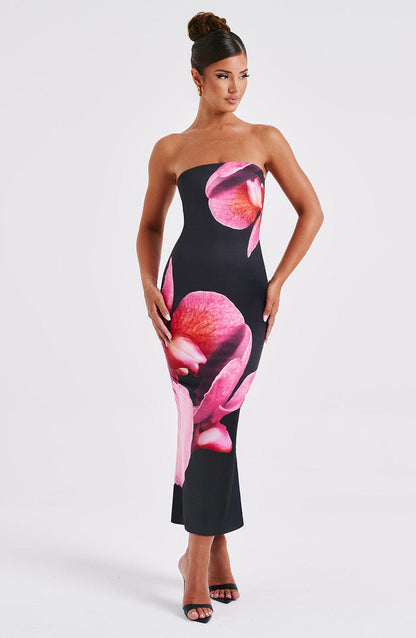 Allegra Midi Dress - Black Floral Pattern
