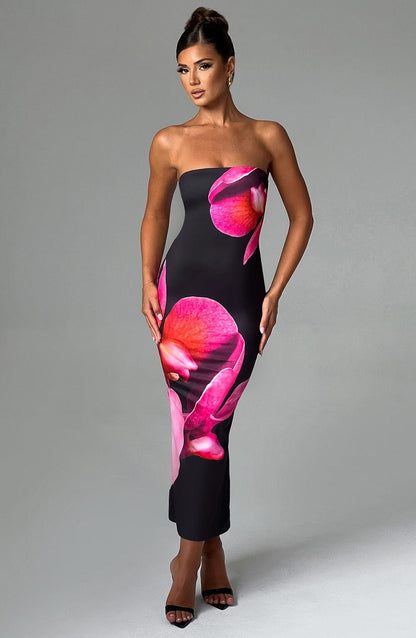 Allegra Midi Dress - Black Floral Pattern