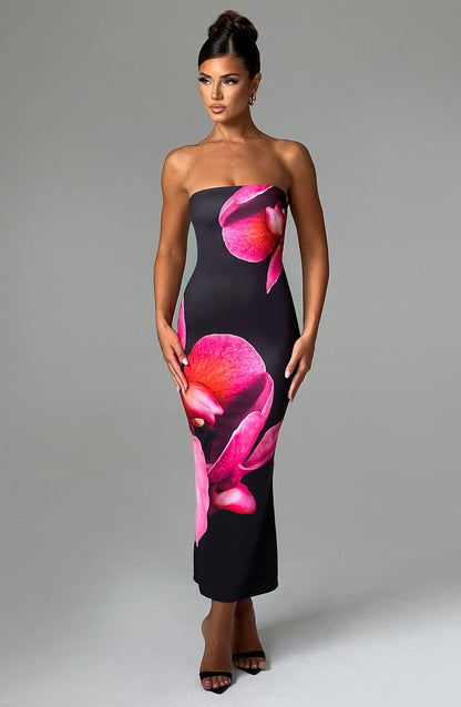 Allegra Midi Dress - Black Floral Pattern