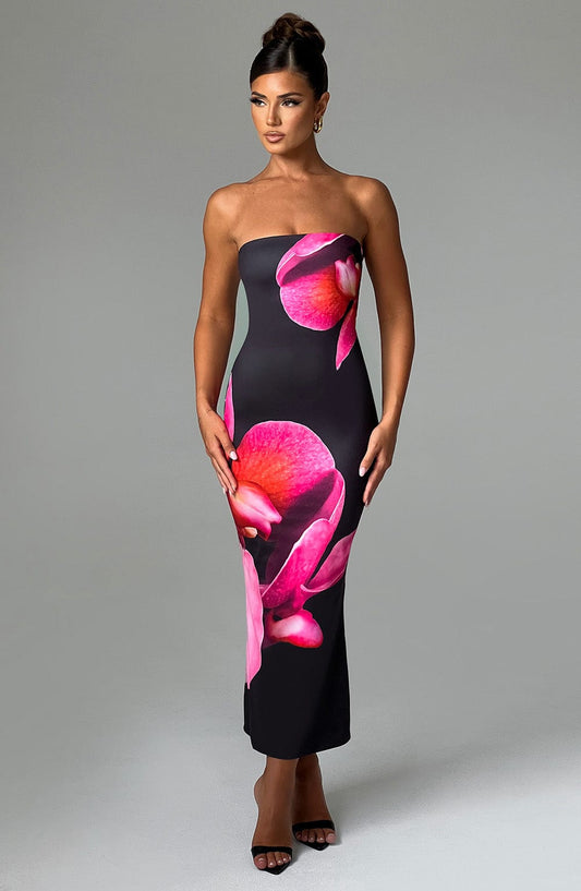 Allegra Midi Dress - Black Floral Pattern