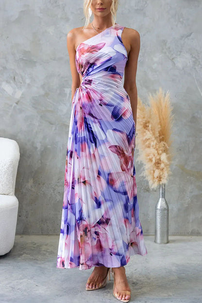 Deja - Floral Pattern on One-Shoulder, Pleated Maxi Dress