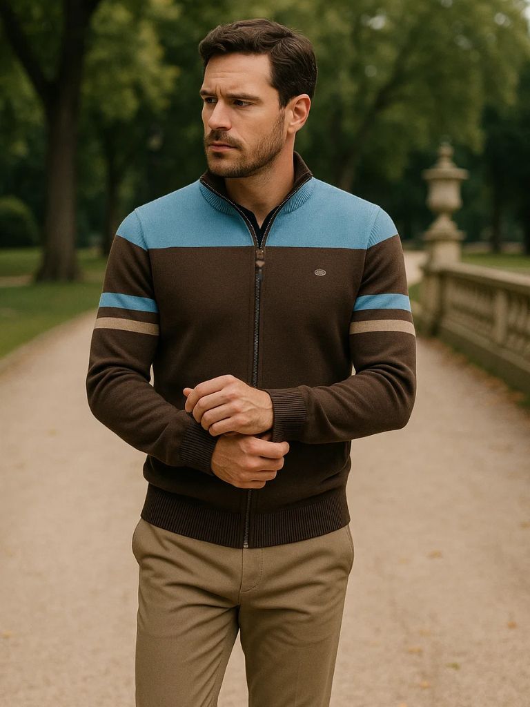 Cardigan Sweater with Zipper and Stand-Up Collar