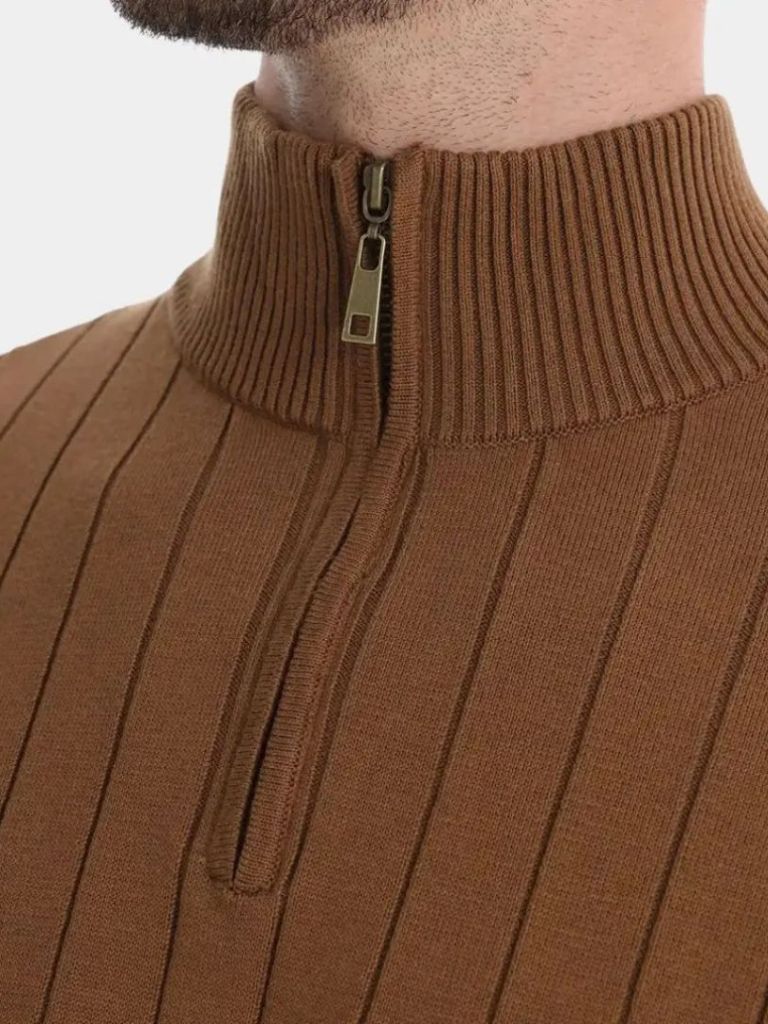 Cotton Knit Sweater with Vertical Stripes and Quarter Zip