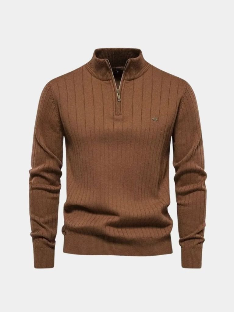 Cotton Knit Sweater with Vertical Stripes and Quarter Zip