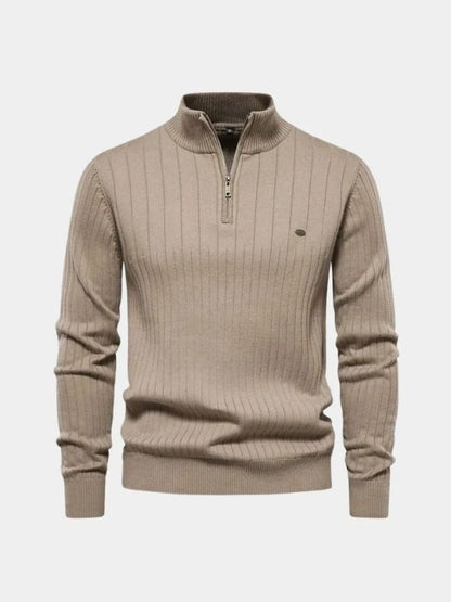 Cotton Knit Sweater with Vertical Stripes and Quarter Zip
