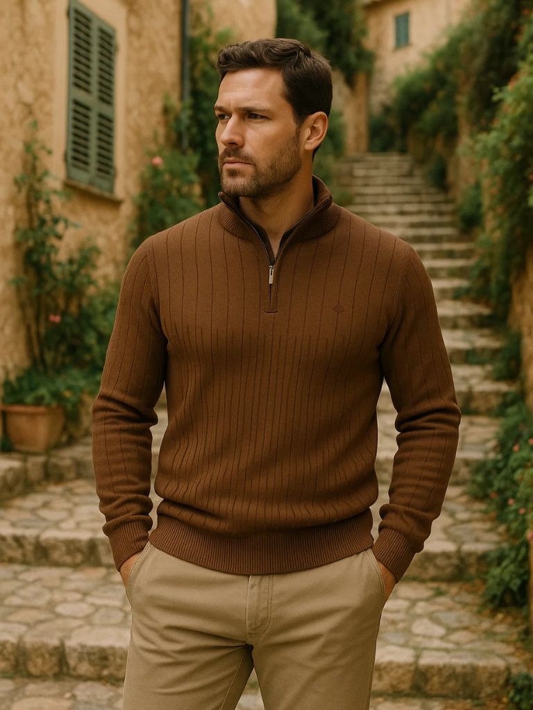 Cotton Knit Sweater with Vertical Stripes and Quarter Zip