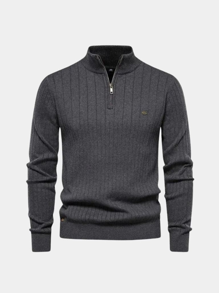 Cotton Knit Sweater with Vertical Stripes and Quarter Zip