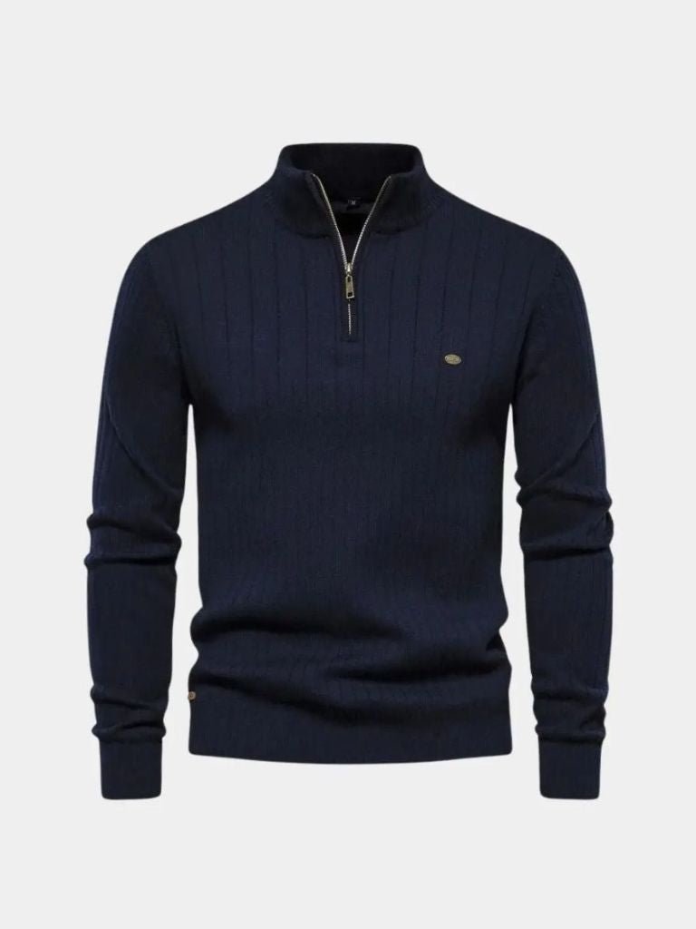 Cotton Knit Sweater with Vertical Stripes and Quarter Zip