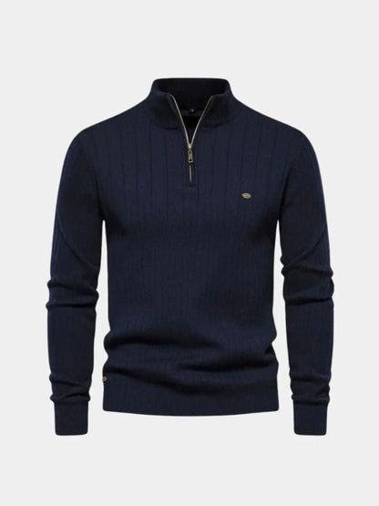 Cotton Knit Sweater with Vertical Stripes and Quarter Zip