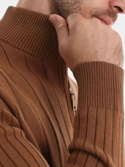 Cotton Knit Sweater with Vertical Stripes and Quarter Zip