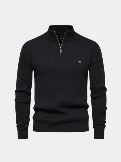 Cotton Knit Sweater with Vertical Stripes and Quarter Zip