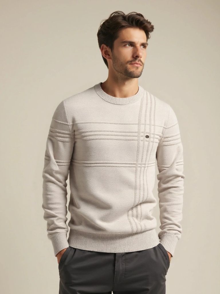 Striped Cotton Knit Sweater with Round Neck
