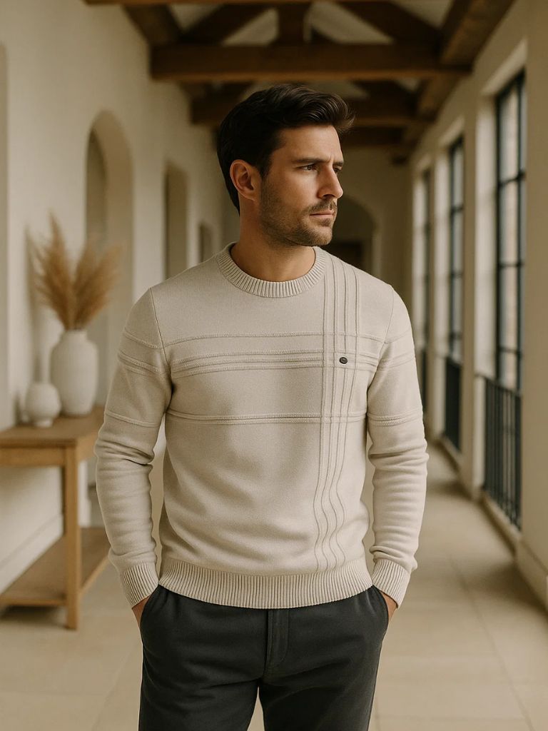 Striped Cotton Knit Sweater with Round Neck