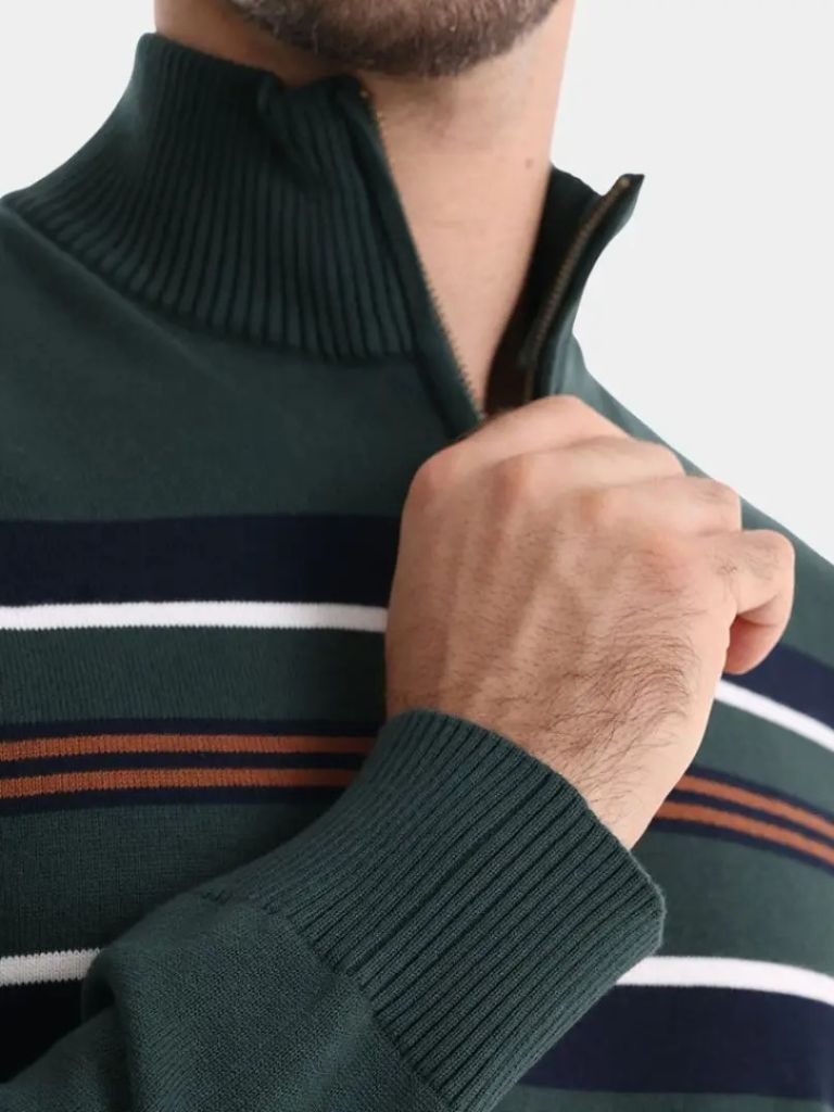 Striped Knit Sweater with Zip