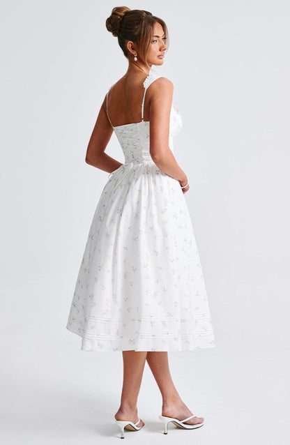 Marlena Midi Dress - White with Floral Pattern in Multiple Colours