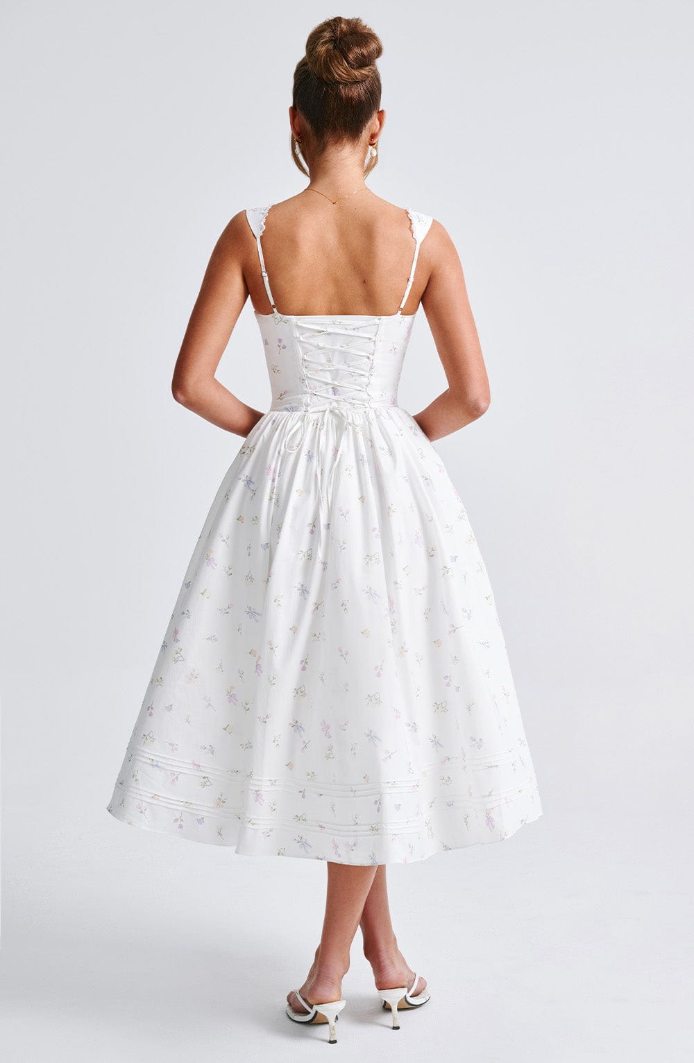 Marlena Midi Dress - White with Floral Pattern in Multiple Colours