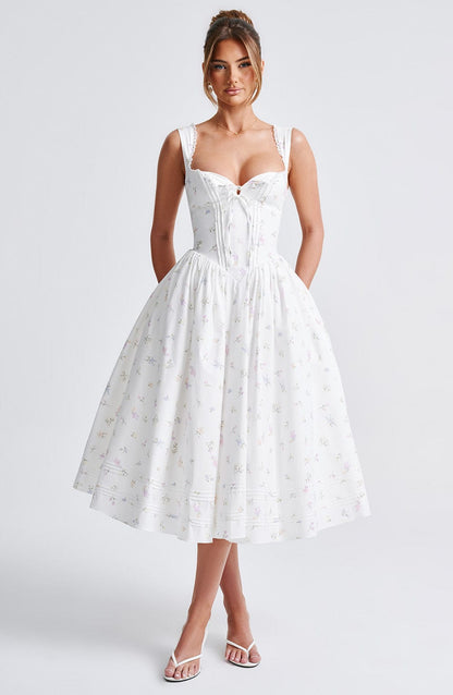 Marlena Midi Dress - White with Floral Pattern in Multiple Colours