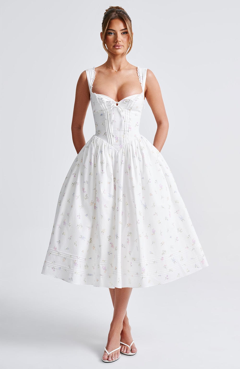 Marlena Midi Dress - White with Floral Pattern in Multiple Colours