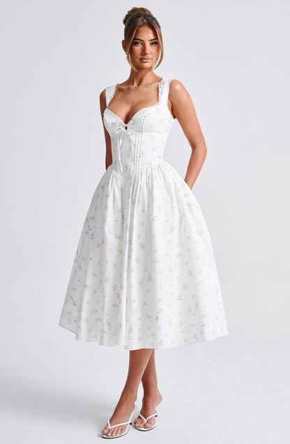 Marlena Midi Dress - White with Floral Pattern in Multiple Colours
