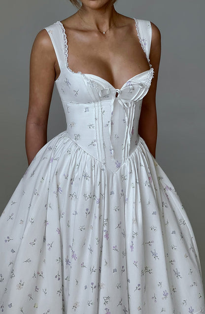 Marlena Midi Dress - White with Floral Pattern in Multiple Colours