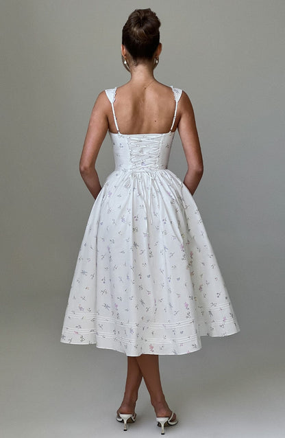 Marlena Midi Dress - White with Floral Pattern in Multiple Colours