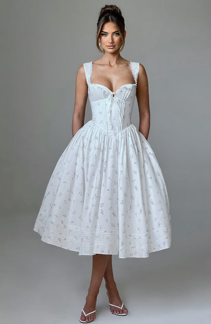 Marlena Midi Dress - White with Floral Pattern in Multiple Colours
