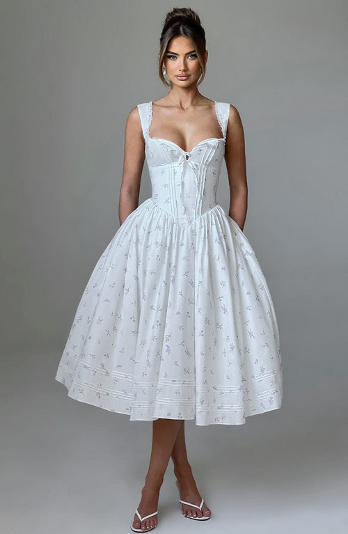 Marlena Midi Dress - White with Floral Pattern in Multiple Colours