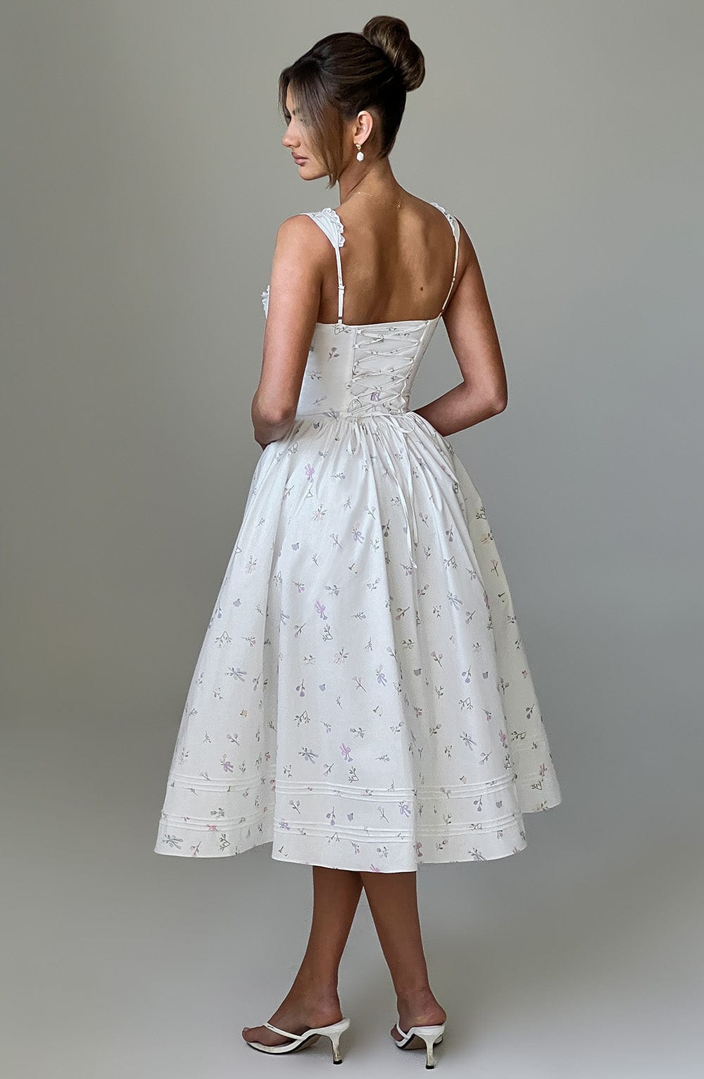 Marlena Midi Dress - White with Floral Pattern in Multiple Colours