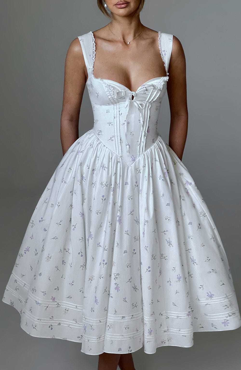 Marlena Midi Dress - White with Floral Pattern in Multiple Colours